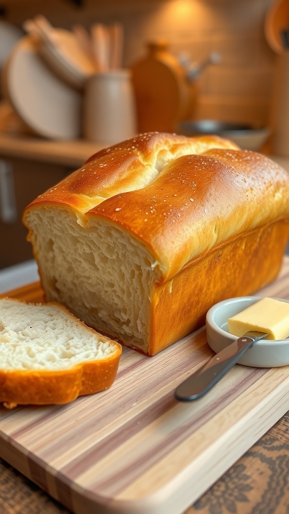 A golden brown loaf of bread sliced on a wooden board with butter and knife.